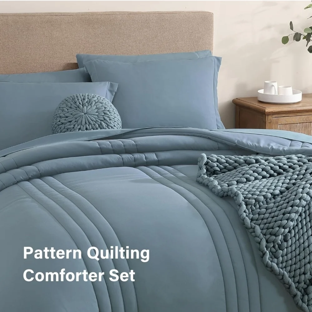 Monbix King Size Comforter Set - 7 Pieces Bed in a Bag, All Season- Dusty Blue